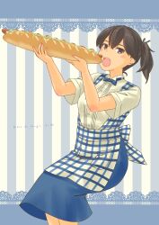 Rule 34 | 1girl, absurdres, alternate costume, apron, black hair, blue apron, blue bow, blue bowtie, blue skirt, bow, bowtie, brown eyes, collared shirt, dress shirt, employee uniform, feet out of frame, gingham apron, highres, hot dog, kaga (kancolle), kantai collection, kobeya uniform, long hair, open mouth, pot-de, shirt, side ponytail, skirt, solo, striped, striped background, teeth, uniform, upper teeth only, white shirt