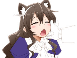 Rule 34 | 10s, 1girl, animal ears, ashigara (kancolle), bad id, bad pixiv id, blush stickers, brown hair, closed eyes, fake horns, fangs, hair between eyes, hairband, hand on another&#039;s cheek, hand on another&#039;s face, horned headwear, horns, kantai collection, kemonomimi mode, long hair, maeda r44, open mouth, out of frame, simple background, sketch, solo focus, uniform, wavy hair, white background, wolf ears