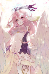 Rule 34 | 10s, 1girl, angel wings, bad id, bad pixiv id, banshou, blue eyes, blush, breasts, spiked halo, feathered wings, gloves, halo, jibril (no game no life), large breasts, long hair, looking at viewer, low wings, magic circle, midriff, multicolored eyes, navel, no game no life, open mouth, pink hair, purple eyes, smile, solo, white wings, wings