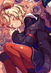 Rule 34 | 1girl, animal ears, arknights, bear ears, black jacket, blonde hair, candy hair ornament, cookie, cup, closed eyes, food, food-themed hair ornament, gummy (arknights), hair ornament, highres, jacket, lying, on side, one-hour drawing challenge, pantyhose, red pantyhose, skirt, smile, solo, spica (spica 1510), teacup