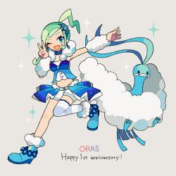 Rule 34 | 1girl, altaria, anniversary, aqua eyes, aqua hair, arm warmers, asymmetrical hair, bird, blue choker, blue footwear, boots, breasts, choker, creatures (company), earrings, eyelashes, full body, game freak, gen 3 pokemon, grey background, hand up, heart, heart in mouth, highres, htn nm, jewelry, leg up, lisia (pokemon), long hair, looking at viewer, medium breasts, navel, nintendo, overskirt, pokemon, pokemon (creature), pokemon oras, shorts, simple background, single thighhigh, solo, sparkle, striped clothes, striped thighhighs, thighhighs, v, white shorts, zettai ryouiki