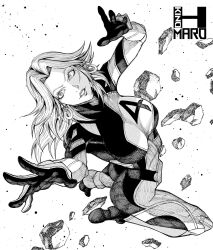 1girl animification bodysuit breasts earrings fantastic_four gloves highres jewelry kinohmaro long_hair looking_at_viewer marvel marvel_rivals monochrome simple_background smile solo sue_storm superhero_costume two-tone_bodysuit white_background