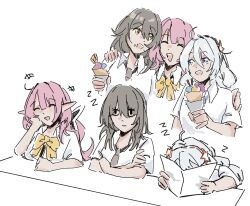 3girls ahoge black_necktie bow bowtie elf elysia_(honkai_impact) grey_hair hand_on_another&#039;s_shoulder highres holding holding_ice_cream_cone holding_paper honkai:_star_rail honkai_(series) honkai_impact_3rd ice_cream_cone kiana_kaslana long_hair multiple_girls necktie open_mouth paper pink_hair pointy_ears shirt sleeping smile stelle_(honkai:_star_rail) trailblazer_(honkai:_star_rail) white_background white_hair white_shirt yaro_yk yellow_bow yellow_bowtie zzz