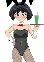 Rule 34 | 1girl, absurdres, animal ears, bare shoulders, black eyes, black hair, black leotard, black pantyhose, blunt bangs, blush, bob cut, bow, bowtie, breasts, cleavage, collarbone, covered navel, cup, detached collar, drink, drinking glass, drinking straw, fake animal ears, fishnet pantyhose, fishnets, frown, girls und panzer, groin, hand on own hip, highres, holding, holding tray, leotard, looking at viewer, pantyhose, playboy bunny, red bow, red neckwear, sono midoriko, strapless, strapless leotard, thighs, tray, wakku kan, white background, wrist cuffs