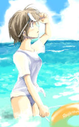 Rule 34 | 1girl, azusayumi, brown hair, day, eyewear on head, glasses, innertube, looking afar, lowres, ocean, one-piece swimsuit, outdoors, profile, see-through, shirt, short hair, solo, swim ring, swimsuit, swimsuit under clothes, tied shirt, wading, water, wet, wet clothes, wet shirt