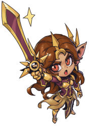 Rule 34 | 1girl, alternate ears, alternate form, arm up, armor, armored boots, boots, brown eyes, brown hair, commentary, full armor, gauntlets, gold armor, holding, holding sword, holding weapon, league of legends, leona (league of legends), long hair, open mouth, parted bangs, phantom ix row, pointy ears, simple background, sparkle, sword, symbol-only commentary, tongue, weapon, white background, yordle