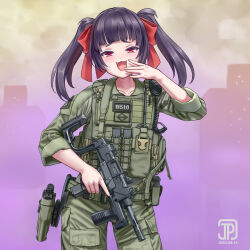 Rule 34 | 1girl, buckle, dated, green jacket, green pants, jacket, jpc, long sleeves, looking at viewer, military uniform, minebea pm-9, original, pants, purple hair, red eyes, signature, sleeves rolled up, smug, snap-fit buckle, solo, trigger discipline, uniform
