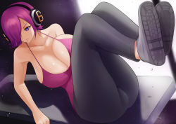 Rule 34 | 1girl, absurdres, amemuchizakuro, arms at sides, bare shoulders, black pants, blue eyes, breasts, cleavage, collarbone, concentrating, dripping, exercising, hair over one eye, headset, highres, large breasts, leg lift, legs up, looking to the side, lying, on back, one piece, pants, pink hair, pink tank top, shoes, short hair, sweat, sweaty clothes, tank top, turning head, vinsmoke reiju, workout clothes