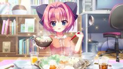 Rule 34 | 1girl, blue eyes, book, bookshelf, bow, bowl, breasts, cable, chopsticks, computer, cup, desk, dot nose, dress, drinking glass, film grain, food, food request, game cg, hair bow, hair intakes, hard drive, hiiragi kae, holding, holding bowl, holding ladle, incoming food, izumi tsubasu, juice, lace trim, ladle, large bow, lens flare, medium breasts, monitor, mushroom, non-web source, object request, official art, orange juice, picture frame, pink hair, purple bow, re:stage!, red dress, round table, rug, shiitake, smile, soda, solo, sparkle, swivel chair, table, trash can, vegetable, wooden floor