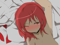 Rule 34 | 1girl, armpits, bed, blush, female focus, flat chest, henoeno, lying, necktie, nipples, nude, on back, one eye closed, red hair, solo, sweat, undressing, upper body, wink