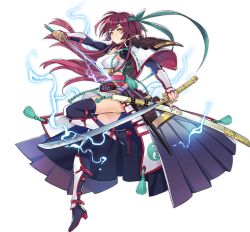 Rule 34 | 1girl, ark order, artist request, black skirt, boots, breasts, dual wielding, electricity, full body, green ribbon, headband, holding, holding sword, holding weapon, katana, large breasts, long hair, long sleeves, looking at viewer, obi, obijime, official art, purple hair, red sash, ribbon, sarashi, sash, sheath, sideboob, sidelocks, skirt, solo, sword, tachi-e, takemikazuchi (ark order), tassel, thigh boots, thighhighs, transparent background, unsheathing, weapon, yellow eyes