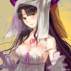Rule 34 | 1girl, bare shoulders, black hair, blush, breasts, cleavage, dress, fate/extra ccc, fate (series), horns, long hair, looking at viewer, medium breasts, sessyoin kiara, smile, solo, tattoo, upper body, yellow eyes