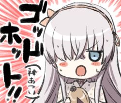Rule 34 | 1girl, :o, anastasia (fate), bad id, bad pixiv id, blue eyes, blush stickers, brown hairband, chibi, crown, engiyoshi, fate/grand order, fate (series), hair over one eye, hairband, light brown hair, long hair, looking at viewer, mini crown, open mouth, silver hair, solo, sweat, translation request, v-shaped eyebrows