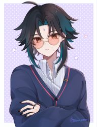 Rule 34 | 1boy, commentary request, crossed arms, facial mark, forehead mark, genshin impact, glasses, highres, long sleeves, looking at viewer, male focus, multicolored hair, riane cotton, shading eyes, short hair with long locks, simple background, solo, sunglasses, sweater, sweater vest, xiao (genshin impact), yellow eyes