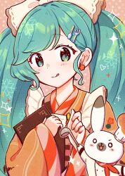 Rule 34 | 1girl, :q, aoiyui, apron, blue eyes, blue hair, blush, bow, closed mouth, commentary, dot nose, earrings, flower earrings, hair bow, hatsune miku, highres, holding, holding ladle, japanese clothes, jewelry, kimono, ladle, long hair, long sleeves, looking at viewer, maid, rabbit, rabbit yukine, red kimono, sidelocks, smile, solo, swept bangs, tongue, tongue out, twintails, upper body, vocaloid, wa maid, white apron, white bow, wide sleeves, yuki miku, yuki miku (2024)