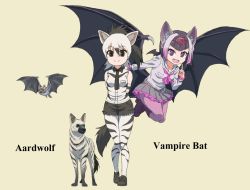 Rule 34 | 2girls, aardwolf (kemono friends), aardwolf print, animal ears, arms behind head, bat (animal), bat ears, bat wings, black eyes, black footwear, black hair, black neckwear, black shorts, black wings, blouse, blunt bangs, boots, character name, collared shirt, commentary request, common vampire bat (kemono friends), cutoffs, elbow gloves, english text, fangs, flying, frilled skirt, frills, gloves, grey shirt, grey skirt, head wings, highres, kemono friends, kemono friends 2, long sleeves, looking at viewer, medium hair, miniskirt, multicolored hair, multiple girls, name connection, necktie, open mouth, pantyhose, pantyhose under shorts, ponytail, print gloves, print legwear, print shirt, purple eyes, purple neckwear, shirt, short hair, short shorts, shorts, simple background, skirt, sleeveless, sleeveless shirt, smile, standing, tail, two-tone hair, vampire bat, white gloves, white hair, white legwear, white shirt, wings, yamaguchi yoshimi, yellow background