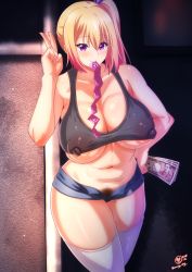 Rule 34 | 1girl, blonde hair, breasts, condom, condom in mouth, condom packet strip, condom wrapper, covered erect nipples, female pubic hair, highres, k.ty (amejin), kawakami mai, large breasts, long hair, looking at viewer, mole, mole under eye, money, mouth hold, musaigen no phantom world, navel, nipples, open clothes, open shorts, prostitution, pubic hair, purple eyes, short shorts, shorts, side ponytail, smile, solo, thighhighs, v, white thighhighs