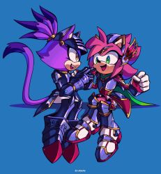Rule 34 | 2girls, amy rose, animal ears, armor, blaze the cat, cat girl, cat tail, clenched hand, ear armor, feeding, furry, furry female, gloves, green eyes, highres, hlane, knight, multiple girls, ponytail, simple background, sitting, smile, sonic (series), sonic and the black knight, tail, yellow eyes, yuri