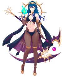Rule 34 | 1girl, absurdres, alternate costume, bikini, blue hair, bodystocking, breasts, bridal gauntlets, corruption, dark persona, elbow gloves, evil smile, eyes of grima, fire emblem, fire emblem awakening, gloves, gluteal fold, grima (fire emblem), grin, highres, holding, holding staff, intelligent systems, long hair, looking at viewer, lucina (fire emblem), navel, nintendo, possessed, possession, red eyes, side-tie bikini bottom, simple background, small breasts, smile, solo, staff, swimsuit, tiara, truejekart, white background