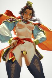 Rule 34 | 1girl, absurdres, black hair, black thighhighs, braid, breasts, brown eyes, cameltoe, cape, censored, character censor, contrapposto, copyright request, cowboy shot, fingernails, hands on own hips, highres, long hair, looking at viewer, mossacannibalis, navel, nipples, novelty censor, open mouth, pubic stubble, pussy, red cape, shrug (clothing), simple background, solo, standing, sweat, thighhighs, topless, underboob, white background, wide-eyed