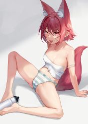 Rule 34 | 1girl, absurdres, animal ear fluff, animal ears, barefoot, blush, bottle, bow, bow panties, breasts, cameltoe, camisole, cleavage, extra ears, fang, fox ears, fox girl, fox tail, green panties, highres, illian-san, looking at viewer, navel, open mouth, original, panties, red eyes, scar, scar on face, shadow, short hair, sitting, small breasts, solo, spread legs, strap slip, striped clothes, striped panties, sweatdrop, tail, tongue, tongue out, underwear, water bottle