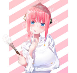 Rule 34 | 1girl, blue eyes, blunt bangs, blush, breasts, butterfly hair ornament, chef, cream, go-toubun no hanayome, hair ornament, heart, holding, holding whisk, large breasts, licking, licking finger, nakano nino, nasubi (nasubi555), pink hair, ponytail, simple background, smile, tongue, tongue out, whisk