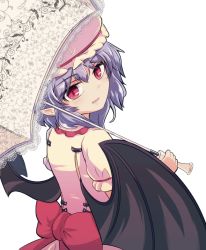 Rule 34 | 1girl, :d, bat wings, dress, from above, hansode32, hat, highres, holding, holding umbrella, long sleeves, looking at viewer, looking back, mob cap, open mouth, pointy ears, puffy sleeves, red eyes, remilia scarlet, ribbon, short hair, smile, solo, touhou, umbrella, upper body, wings
