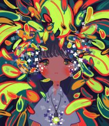 Rule 34 | 1girl, abstract, absurdres, black hair, blush, collared shirt, flower, glowing, highres, jewelry, leaf, long hair, looking at viewer, necklace, no nose, original, shirt, sizucomaru, solo, upper body, white shirt