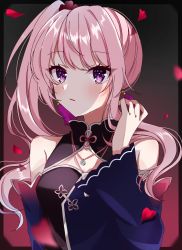 Rule 34 | 1girl, blurry, blurry foreground, blush, floating hair, grey background, hair ornament, high ponytail, highres, himehina channel, long hair, long sleeves, meru hinano, open mouth, petals, pink hair, purple eyes, side ponytail, solo, tanaka hime, upper body, virtual youtuber
