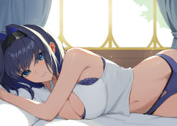 Rule 34 | 1girl, black hairband, blue bra, blue eyes, blue hair, blue panties, bra, breasts, closed mouth, commentary, curtains, english commentary, hairband, highres, hololive, hololive english, indoors, jason kim, large breasts, looking at viewer, lying, navel, on side, ouro kronii, panties, solo, tank top, underwear, virtual youtuber, white tank top, window