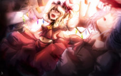 Rule 34 | 2girls, ascot, backlighting, blonde hair, blue hair, blurry, book, bookshelf, bow, card, crying, crying with eyes open, crystal, depth of field, flandre scarlet, floating card, flying, frilled sleeves, frills, from above, hair between eyes, hat, head out of frame, highres, mob cap, motion blur, multiple girls, nakatokung, navel, one side up, open mouth, outstretched arm, outstretched arms, puffy short sleeves, puffy sleeves, reaching, red bow, red eyes, red skirt, red vest, remilia scarlet, short sleeves, siblings, signature, sisters, skirt, skirt set, solo focus, stomach, tears, touhou, unconscious, vampire, vest, wallpaper, wings, wrist cuffs
