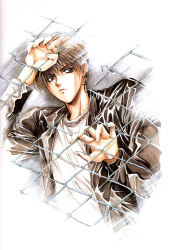 Rule 34 | 1boy, angel cage, angel sanctuary, artbook, blonde hair, brown eyes, chain-link fence, earrings, fence, jacket, jewelry, leather, leather jacket, male focus, mudou setsuna, necklace, short hair, solo, yuki kaori