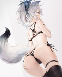 Rule 34 | 1girl, animal ears, arm strap, ass, bare shoulders, black bra, black panties, black thighhighs, blue eyes, bra, bracelet, cowboy shot, fox ears, fox girl, fox tail, from behind, grey background, hair ornament, hand on own ass, hand up, highres, jewelry, leg belt, lingerie, long hair, looking at viewer, looking back, original, panties, parted lips, partially visible vulva, ponytail, side-tie panties, silver hair, simple background, skindentation, solo, tail, thighhighs, underwear, underwear only, white background, yatsuha (hachiyoh)