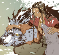 Rule 34 | 2boys, black hair, blue eyes, bodypaint, braid, dark skin, facepaint, fate/grand order, fate (series), geronimo (fate), headband, jacket, jewelry, kotobuki toro, lobo (fate), long hair, looking at animal, multiple boys, native american, necklace, on ground, open clothes, open jacket, outdoors, petting, sitting, very long hair, wolf