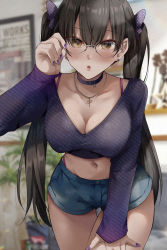 Rule 34 | 1girl, absurdres, adjusting eyewear, black hair, blurry, blurry background, blush, bow, breasts, brown eyes, choker, cleavage, collarbone, commentary request, cross, cross necklace, earrings, fingernails, glasses, hair bow, hand up, highres, indoors, jewelry, konata (kankin jk), leaning forward, long hair, long sleeves, medium breasts, midriff, mishiranu joshikousei ni kankin sareta mangaka no hanashi, mole, nail polish, navel, necklace, open mouth, piercing, ryouma (galley), simple background, solo, stomach, twintails