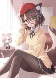 Rule 34 | 100, 100percent park, 1girl, animal ear fluff, animal ears, beret, breasts, brown eyes, brown hair, glasses, hair ornament, hairclip, hat, highres, light up, long sleeves, looking at viewer, pantyhose, red hat, short hair, sitting, solo, sweater, tail, virtual youtuber, wolf ears, wolf girl, wolf tail, yuzuki uru