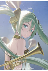 Rule 34 | 1girl, artist name, bare arms, black c (net dust), blurry, blurry background, character name, closed mouth, dress, floating hair, from behind, green eyes, green hair, hair between eyes, hatsune miku, highres, instrument, long hair, looking at viewer, looking back, solo, strapless, strapless dress, trumpet, twintails, upper body, very long hair, vocaloid, white dress