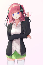 Rule 34 | 1girl, arm under breasts, black cardigan, blue eyes, blunt bangs, blush, breasts, butterfly hair ornament, cardigan, collarbone, go-toubun no hanayome, gradient background, green skirt, hair flip, hair ornament, hand up, highres, large breasts, looking at viewer, nakano nino, nine (user smer5442), open cardigan, open clothes, parted lips, pink background, pink hair, raised eyebrows, school uniform, shirt, simple background, skirt, sleeves past wrists, thick thighs, thighhighs, thighs, twintails, white shirt, white thighhighs, zettai ryouiki