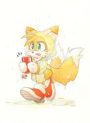 Rule 34 | 1boy, cellphone, cellphone charm, charm (object), dripping, finik, furry, furry male, gloves, highres, holding, holding phone, open mouth, phone, puddle, shoes, simple background, smartphone, solo, sonic (series), tails (sonic), transparent raincoat, wet, white background, white gloves