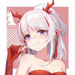 Rule 34 | 1girl, arknights, bare shoulders, blue shrimp, blush, border, braid, breasts, cleavage, collarbone, commentary request, food, grin, half updo, hand up, head tilt, holding, holding food, horns, long hair, looking at viewer, medium breasts, multicolored hair, nian (arknights), outside border, pointy ears, purple eyes, red background, red hair, shrimp, silver hair, smile, solo, strapless, streaked hair, tube top, upper body, white border