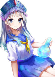 Rule 34 | 1girl, atelier (series), atelier totori, blue hair, blue headwear, blue sailor collar, blue skirt, closed mouth, collarbone, commentary request, flask, garaudon, gradient hair, grey eyes, grey hair, highres, holding, long hair, looking at viewer, multicolored hair, neckerchief, pleated skirt, round-bottom flask, sailor collar, school uniform, serafuku, shirt, short sleeves, simple background, sitting, skirt, smile, solo, totooria helmold, white background, white shirt, yellow neckerchief