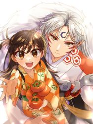 Rule 34 | 1boy, 1girl, blush, brown eyes, brown hair, carrying, carrying person, checkered clothes, checkered kimono, demon boy, facial mark, fingernails, food, forehead mark, fruit, grey hair, hair between eyes, holding, holding food, holding fruit, inuyasha, japanese clothes, kimono, long fingernails, long hair, looking at viewer, open mouth, orange kimono, parted bangs, persimmon, pointy ears, reaching, reaching towards viewer, rin (inuyasha), sesshoumaru, shinomono921, shoulder spikes, side ponytail, smile, spikes, teeth, upper teeth only, white background, white fur, yellow eyes