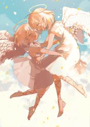 Rule 34 | 2girls, angel, angel wings, bad id, bad twitter id, blonde hair, blue sky, closed eyes, cloud, cloudy sky, copyright request, dress, feathered wings, halo, high heels, highres, kmnk (kumanuko), looking at another, multiple girls, open mouth, short hair, siblings, sky, smile, twins, white dress, white footwear, wings