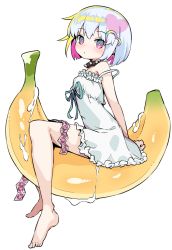Rule 34 | 1girl, banana, banana boat, barefoot, bow, breasts, collar, condom, condom packet strip, condom wrapper, dohna dohna issho ni warui koto o shiyou, dress, dusonson, female focus, food, fruit, full body, hair ornament, heart, heart hair ornament, korean commentary, multicolored hair, off shoulder, pink hair, porno (dohna dohna), ribbon, short hair, simple background, sitting, small breasts, solo, spiked collar, spikes, suggestive fluid, two-tone hair, white background, white dress, white hair