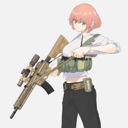 Rule 34 | 1girl, :d, ammunition belt, ammunition pouch, ar-15, belt, black pants, commission, green eyes, grey background, grin, gun, hair between eyes, highres, holding, holding gun, holding weapon, looking at viewer, open mouth, original, pants, pink hair, pouch, rifle, shirt, short hair, short sleeves, simple background, skeb commission, smile, solo, soutou nagi, teeth, trigger discipline, weapon, white shirt