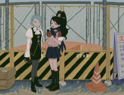 Rule 34 | 23011620x, 2girls, ace attorney, ace attorney investigations, ascot, black footwear, black gloves, black hair, black skirt, black vest, blue eyes, blue hair, blue scarf, boots, earrings, fence, franziska von karma, full body, gem, gloves, green eyes, grey pantyhose, high heel boots, high heels, high ponytail, highres, jewelry, juliet sleeves, karakusa (pattern), kay faraday, key, long hair, long sleeves, mole, mole under eye, multiple girls, open mouth, outdoors, pantyhose, pencil skirt, pleated skirt, ponytail, puffy sleeves, scarf, shirt, short hair, short sleeves, skirt, standing, traffic cone, vest, white shirt