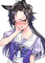 Rule 34 | 1girl, air shakur (umamusume), anger vein, animal ears, black hair, blue bow, blush, bow, brown eyes, clenched teeth, commentary request, dodome (yprs2887), eyebrow piercing, forehead, hand up, horse ears, long hair, looking at viewer, nose blush, piercing, pleated skirt, puffy short sleeves, puffy sleeves, purple shirt, shirt, short sleeves, simple background, skirt, solo, teeth, umamusume, very long hair, white background, white skirt