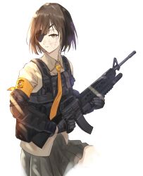 Rule 34 | 1girl, armband, assault rifle, black gloves, black skirt, brown hair, brown shirt, bulletproof vest, collared shirt, eyepatch, girls&#039; frontline, gloves, grenade launcher, gun, highres, holding, holding gun, holding weapon, m16, m16a1, m16a1 (girls&#039; frontline), necktie, orange eyes, rifle, scar, scar on face, shirt, short hair, simple background, skirt, solo, tactical clothes, weapon, yao yang, yellow necktie