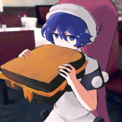 Rule 34 | 1girl, absurdres, blue eyes, blue hair, blurry, blurry background, commentary, cowboy shot, doremy sweet, dress, eating, english commentary, food, hands up, hat, highres, holding, holding food, iesonatana, indoors, looking at viewer, nightcap, oversized food, oversized object, pom pom (clothes), red hat, sandwich, short hair, short sleeves, solo, touhou, white dress