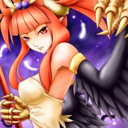 Rule 34 | 1girl, bare shoulders, black wings, blunt bangs, breasts, claws, duel monster, feathered wings, feathers, harpie channeler, harpy, holding, holding staff, large breasts, long hair, midriff, monster girl, orange hair, pointy ears, red eyes, solo, staff, usoutsuki, winged arms, wings, yu-gi-oh!